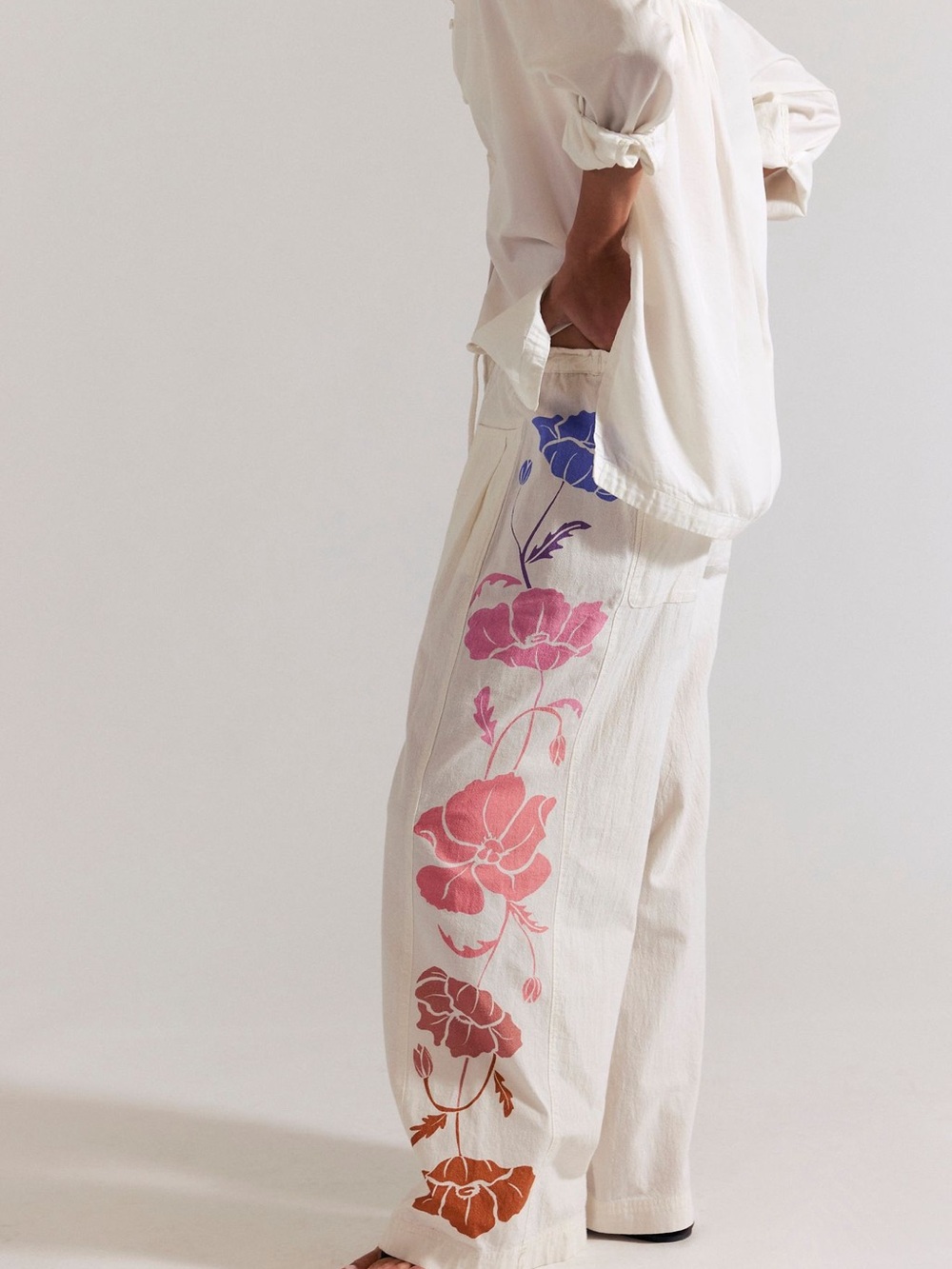 Anthropologie White Wide-Leg Drawstring Pants with Pink & Brown Floral Print - Picture 2 of 4